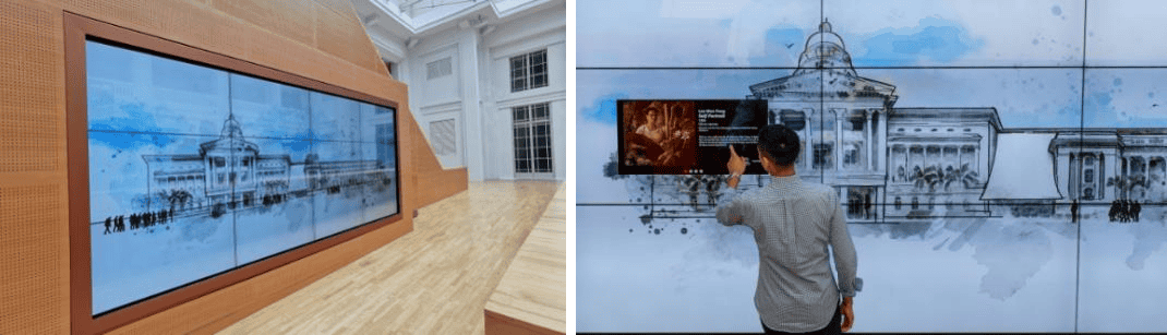 Oceanus Media Global digital exhibit showcasing interactive displays of architectural designs and innovative multimedia presentations.